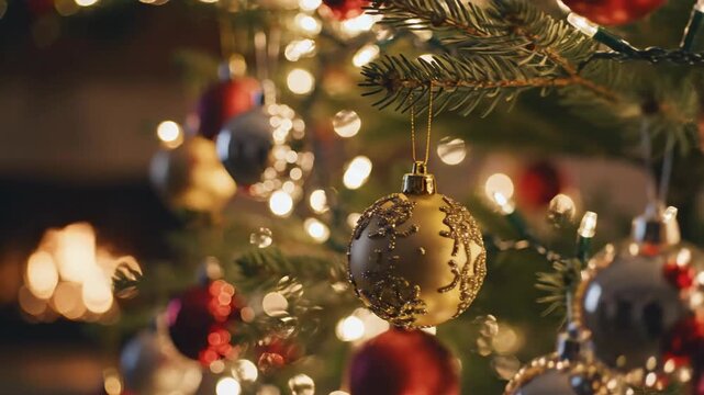 Decorated evergreen tree with ornaments and string lights holiday celebration concept