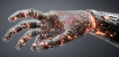 Close-up of a transparent robotic hand with glowing internal circuitry, symbolizing artificial intelligence and technology.