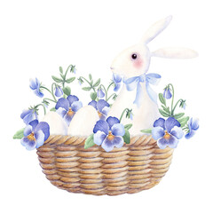 Watercolor of white bunny with blue ribbon in wicker basket with purple flowers and eggs. Delicate, cute style for Easter cards, spring invitations, nursery prints, or festive decor.
