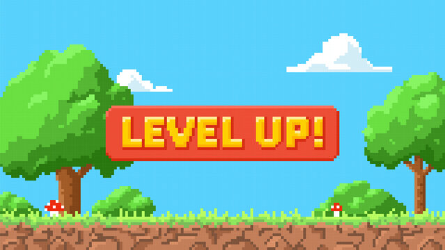 Cartoon pixelated 8 bit arcade video game, button level up achievement, vector summer day retro game nature background