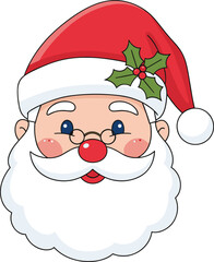 Cute Santa Claus Face with Hat and Holly Leaves Cartoon Christmas Vector Illustration