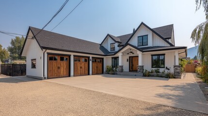 Modern residential house exterior featuring garage doors and driveway