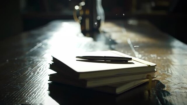 Close-up of stacked notebooks and pen on a wooden table, study and writing concept.