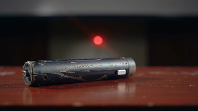 Close-up of a black laser pointer on a red table, with red laser light.