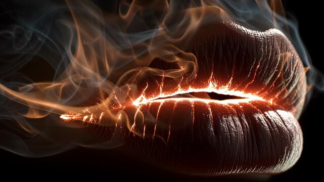 The end of the world in epic apocalyptic scene concept. Flames and smoke surround a pair of lips, creating a mesmerizing visual effect.