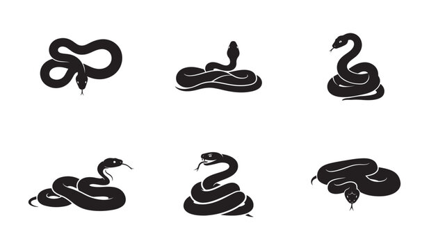 Set of Six Black Snake Silhouettes. Coiled and Striking Reptile Icons.