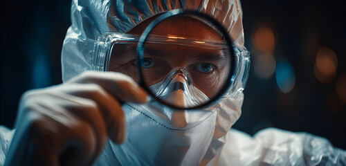 Forensic Scientist in Hazmat Suit Examining Object with Magnifying Glass Under Dramatic Lighting