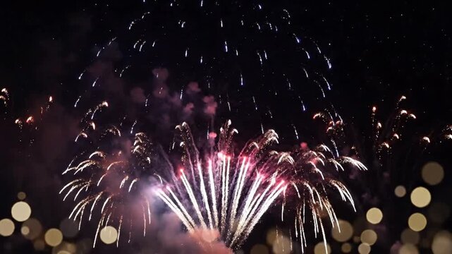 Title: Bright pink and white fireworks exploding in the night sky with vibrant sparkles