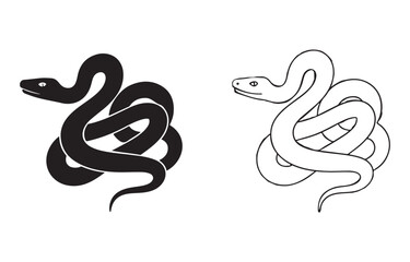 Coiled Snake Silhouette and Outline Drawing Set Vector Illustration