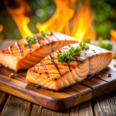Grilled salmon fillets with herb garnish on a wooden cutting board