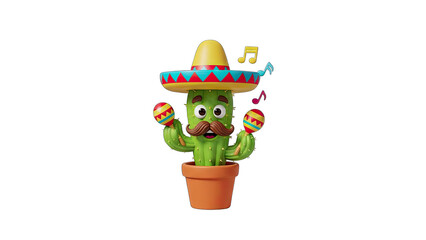 Funny Cactus Character Wearing A Sombrero And Playing Maracas With Musical Notes Floating Around Its Head On A Transparent Background