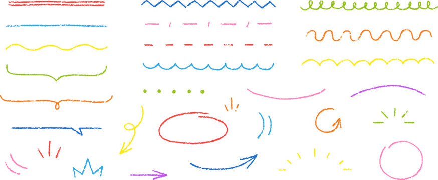 Set of lines, arrows, dots, brackets, hand drawn, colored pencils children's drawing.