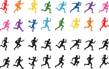 Running Person Icons Set Vector Collection of Colorful and Black Silhouettes for Sports Fitness and UI Design Editable Template