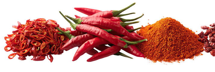 Fototapeta premium Premium arrangement of whole red chilies and sliced ring chilies on transparent background