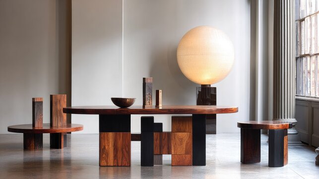 Modern wooden furniture set with large orb lamp in contemporary interior - Powered by Adobe