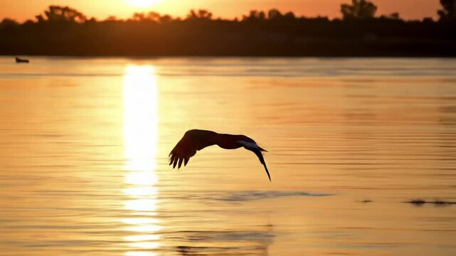 Dramatic silhouette of an eagle flying over water at dusk, creating a nature scene.