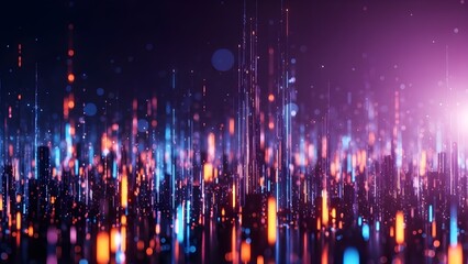 Abstract digital cityscape with glowing data streams and particles