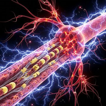 human nerve with autoimmune destruction of its protective myelin sheath, symbolizing Guillain-Barr&eacute; Syndrome.