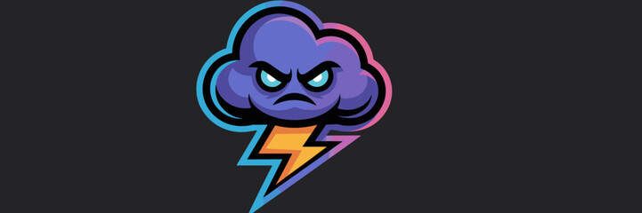 Fototapeta premium Furious Storm Cloud Mascot Displaying Thunderbolt Power for Energy Solutions & Meteorology Visuals, Animated Graphic for Gaming, Modern Weather Icon, Esports Logo Design, Cartoon Illustration for Bad