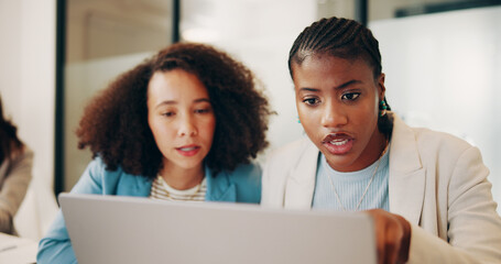 Laptop, sales team and women with conversation, internet and teamwork with planning. Online reading, coworking and consultant in office, pc and discussion with ideas for social media campaign or talk