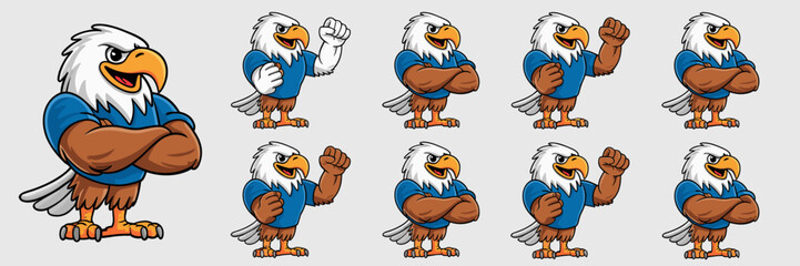 Naklejka premium Enthusiastic Eagle Mascot Demonstrating Strength and Confidence in Various Poses, Cartoon Character for Sports Team Branding, School Spirit, Business Marketing, Education, with Bold Colors, Energetic