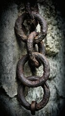 Obraz premium shackles. Ancient iron shackles locked on a stone wall with a hanging chain. event programs, museum guides, designed for cultural heritage projects and event programs, supports education.