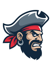 Fearsome Pirate Captain Mascot Staring Intensely with Tricorn Hat and Red Bandana, Angry Expression for Sports Team Logo, E-sports Branding, Aggressive Character, Cartoon Style Graphic Illustration, N