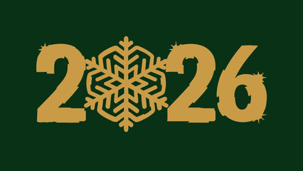 Golden 2026 typography with snowflake design on dark green background