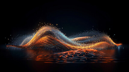 Network line of connecting stream with wave of particles representing bid data and information technology. AI generative