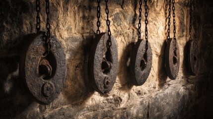 shackles. Ancient iron shackles locked on a stone wall with a hanging chain. event programs, museum guides, designed for cultural heritage projects and event programs, supports education.