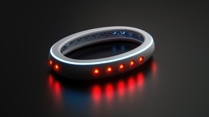 Futuristic white ring with red and blue lights on dark glossy surface technology concept