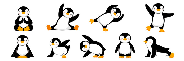 Cute Penguins Doing Yoga Poses on White Backdrop: Mindfulness, Wellness, and Flexibility Concepts for Health, Education, and Children's Content. Cartoon Illustrations of Asanas and Meditation for a Re