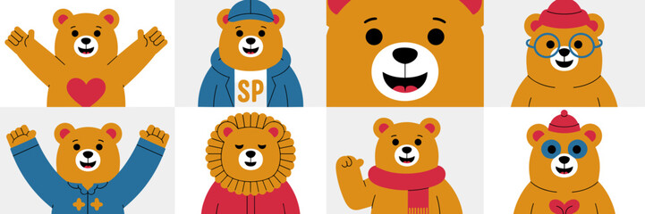 Collection of Illustrated Bear Characters Posing with Different Expressions on a White Background for Children's Designs, Educational Resources, or Mascot Creation: Cartoon Teddy Bears with Love, Happ