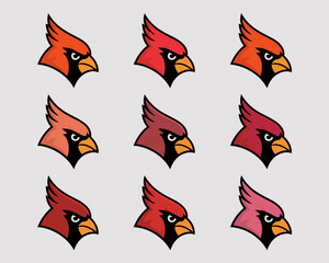 Cardinal Bird Heads in Various Red Tones Displayed on White Background, Mascot Avatars for Sport Teams & School Identity, Symbolic Visual Communication for Branding, Sleek Graphic Design for Marketing