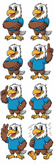 Energetic Eagle Mascot Character Poses in Various Actions on White Backdrop, Representing American Symbolism and Team Spirit for Sports Branding and Marketing, a Cartoon Design Featuring Expressive An