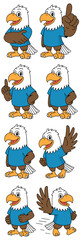 Cartoon Eagle Mascot Set Delivering Positive Messages and Guidance in Various Poses, Perfect for Education, Sports, Business, and Motivation, Suitable for Mascot Design, Branding, Instruction, Present
