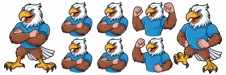 Aggressive Eagle Mascot Flexing Muscles and Posing Confidently, Expressing Power and Determination for Sports Team Branding and Animated Marketing Materials, Modern Graphic Design for Educational and