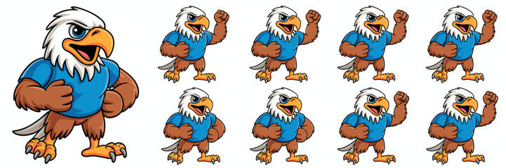 Determined Eagle Mascot Cartoon Celebrating Victory, Sports Champion in Blue Jersey Against White Backdrop, Promoting School Spirit and Success, Bold Character Illustration for Children's Education or