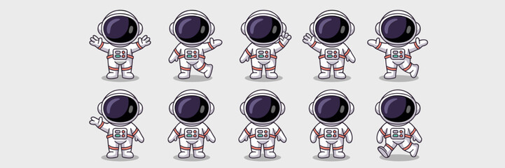 Cute Astronaut Characters Posing in Space, Exploring the Cosmos, Featuring a Collection of Cheerful Spacemen in Various Actions and Poses, Ideal for Children's Education, Science, and Creative Project