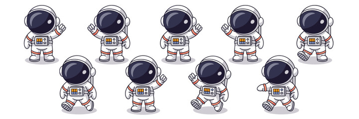 Group of Cheerful Astronauts Exploring Space, Waving Hello in a Friendly Manner, Floating in Zero Gravity. Perfect for Kids' Education, Science Presentations, Creative Projects, and Cute Cartoon Desig