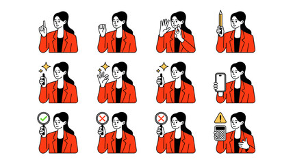 Confident Businesswoman Expressing Ideas & Solutions in Office Setting: Diverse Gestures, Icons & Symbols for Presentation, Marketing & Training Materials (Flat Vector Illustration Style) Providing Op