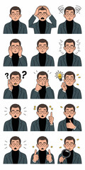 Cartoon Man Expressing Diverse Emotions and Problem Solving with Thought Bubbles and Magnifying Glass in Office Setting, Illustrating Confusion, Ideas, Success, and Investigation for Business Presenta