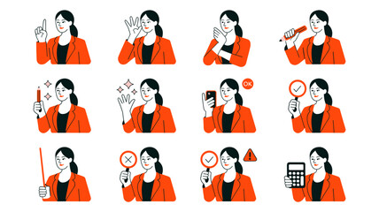 Professional Woman Presenting Diverse Concepts in Business and Education with Modern Flat Vector Illustrations. Demonstrating Approval, Ideas, Communication, and Solutions in a Clean, Engaging Style f