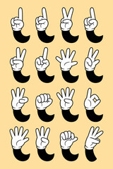 Cartoon Hands Counting Gestures Isolated on Light Background: Animated Fingers Showing Numbers from One to Five Illustration for Education, Children's Book, and Graphic Resource Material, Set of Sign