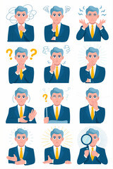 Pensive Businessman Expressions and Emotions: Navigating Challenges and Finding Solutions in Corporate Life with Varied Reactions, from Confusion to Clarity, Using Problem Solving Skills in a Modern W