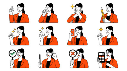 Professional Woman Demonstrating Diverse Actions and Emotions in a Modern Office Setting, Ideal for Business Presentations and Marketing Materials. Confident Young Executive Showcasing Communication,