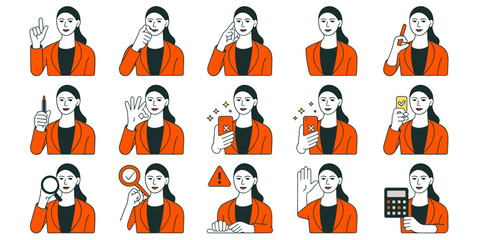 Confident Businesswoman Demonstrating Various Actions in Orange Blazer: Modern Professional Presenting Ideas, Problem Solving, and Technology Integration for Corporate Communication and Marketing Mate