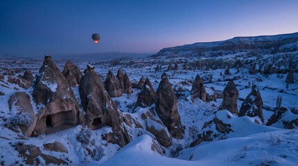Winter twilight landscape over Cappadocian fairy chimneys and snow