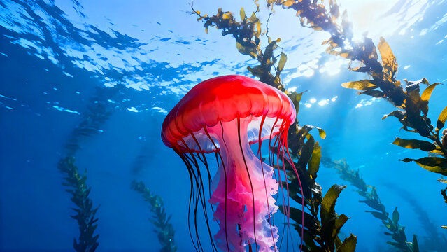 Red jellyfish swimming in sunlit kelp forest underwater ocean marine life aquatic ecosystem deep blue sea nature vibrant color bioluminescence ethereal beauty sea creature floating gracefully