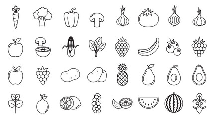 A hand drawn collection of various fruits and vegetables in black and white outline vector.